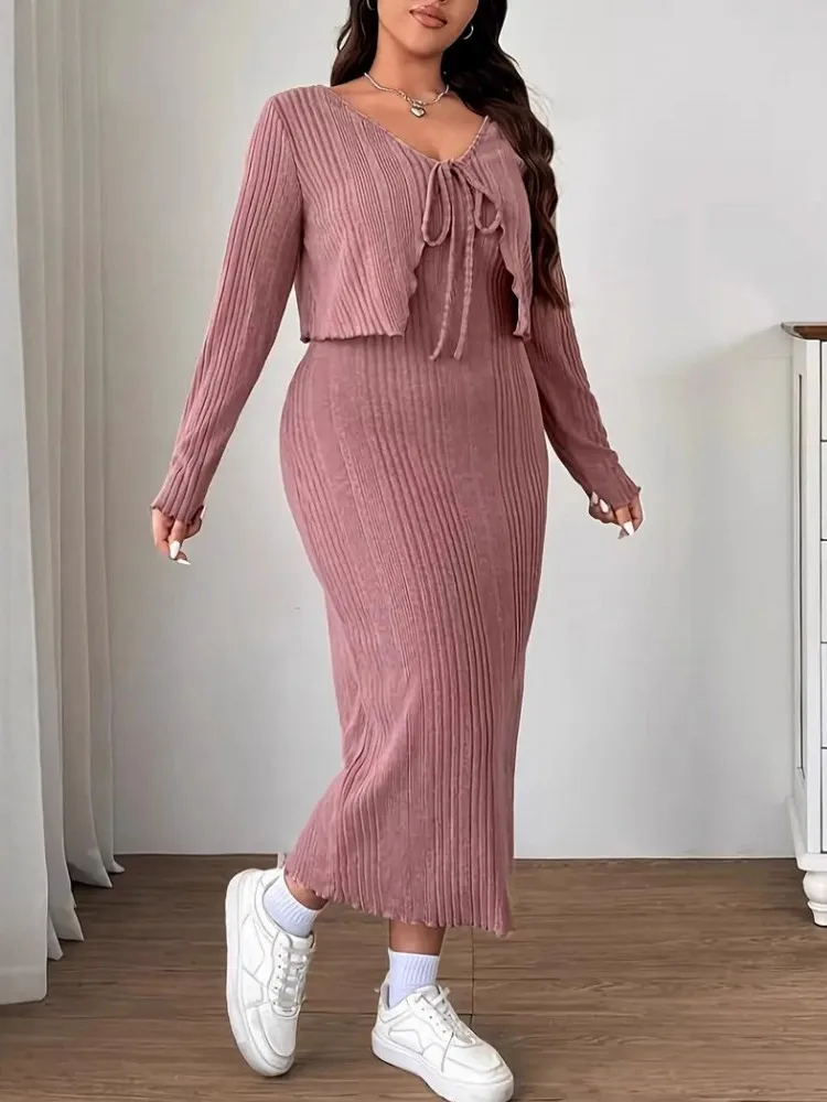 L-4XL حجم كبير الملابس فساتين النساء الجلباب 2 قطعة مجموعات ربيع الخريف الشارع عادية 3XL حجم كبير مكتب سيدة فستان كبير الحجم #3