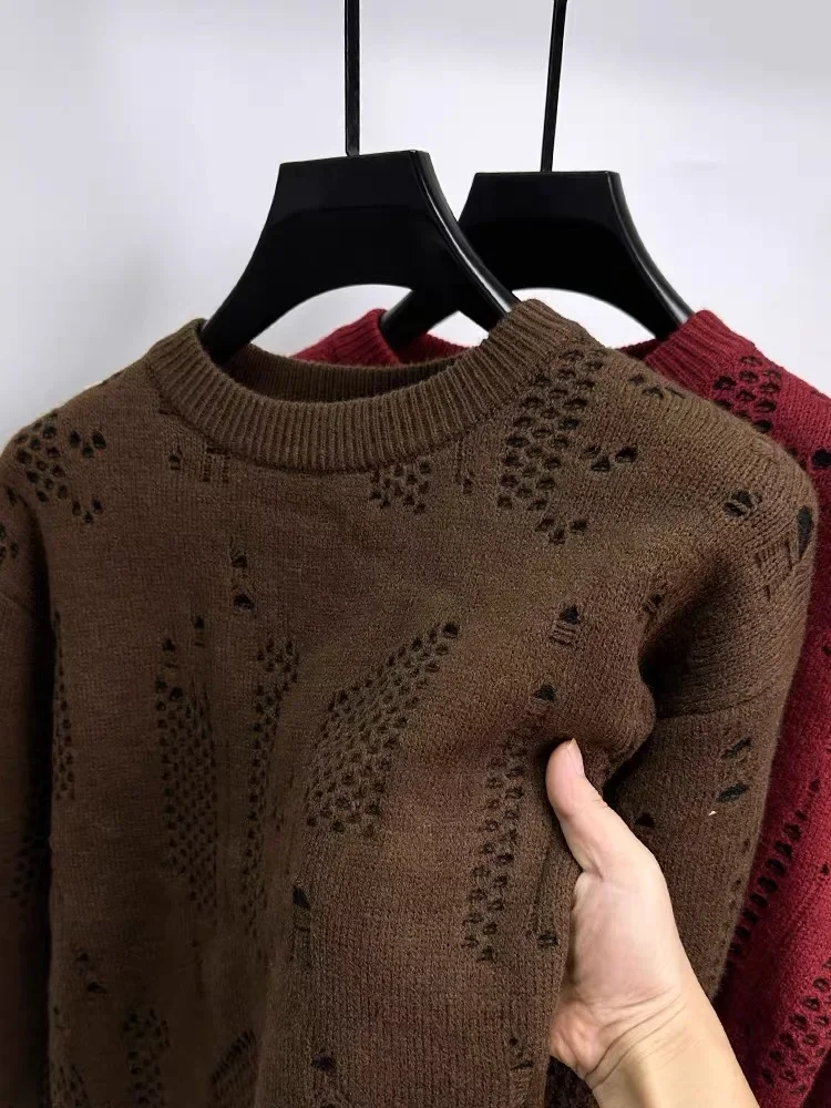 2023 Spring and Autumn New Trend Men's Hollow out Knitted Sweater Casual Fashion Thickened Retro Solid Round Neck Pullover