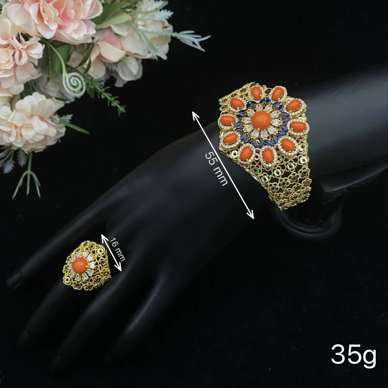 

Falair Women's Gold Plated Copper Zircon Imitation Flower Jewelry Set Open Bangle Ring for Daily Versatile Style