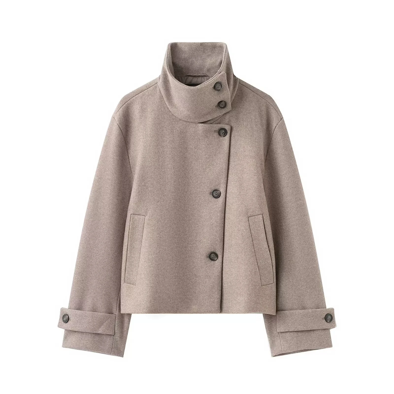 2026 Women's Cropped Wool Blend Jacket Stand Collar Asymmetrical Button Front Short Wool Coat Casual Winter Outerwear Streetwear