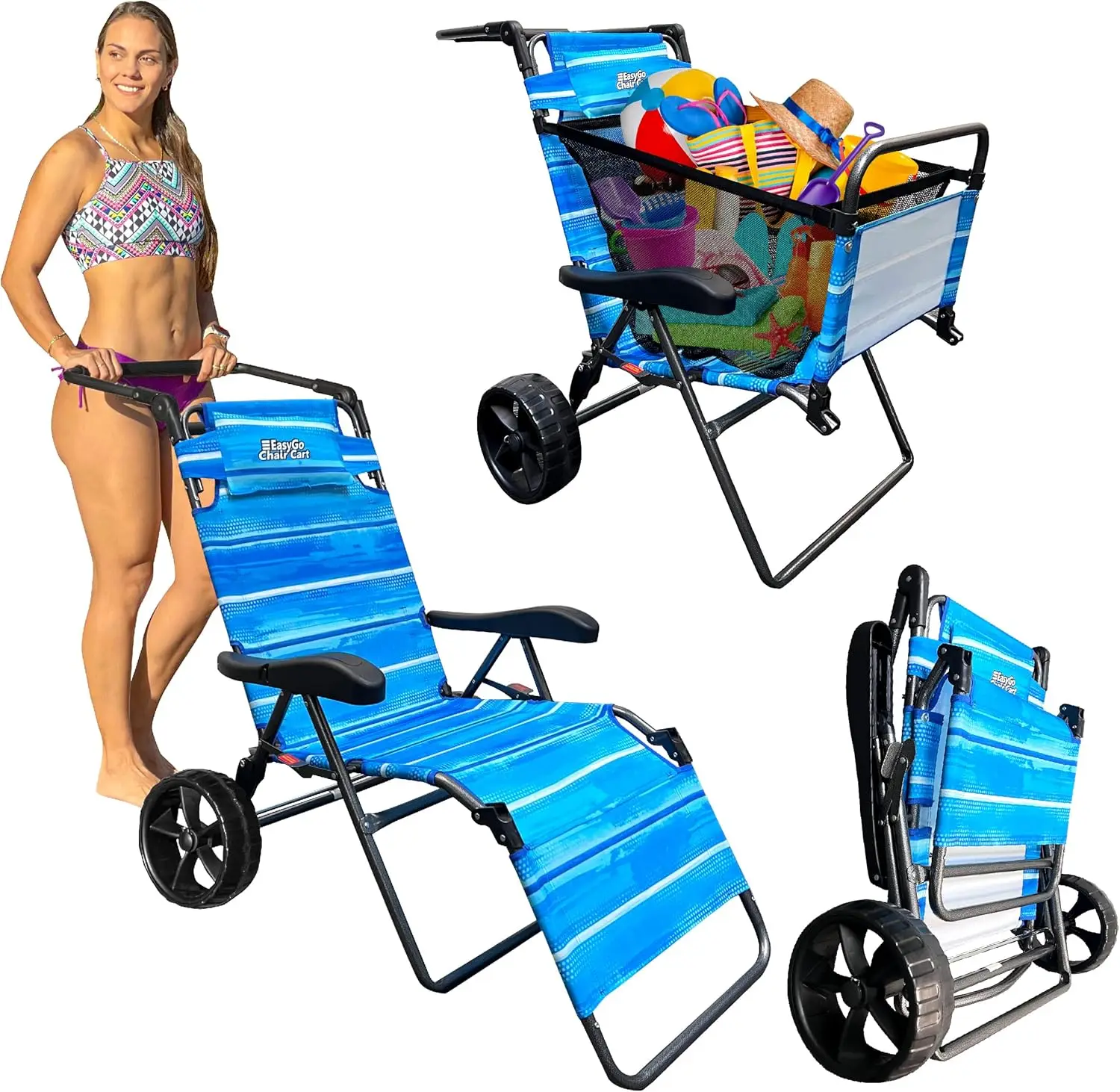 

Beach Cart Chair 2 in 1 Turns from Beach Cart to Beach Chair Large Wheels Easy to Use Large Capacity Blue Striped Color