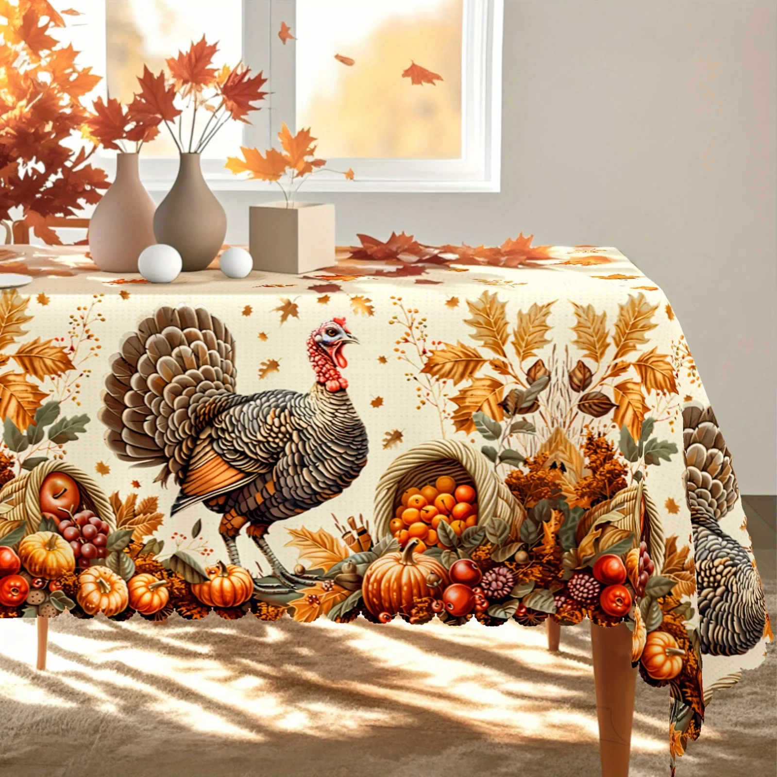 Happy Thanksgiving Tablecloth, featuring a design of turkey, maple leaves, pumpkin and abundant fruits.zyc