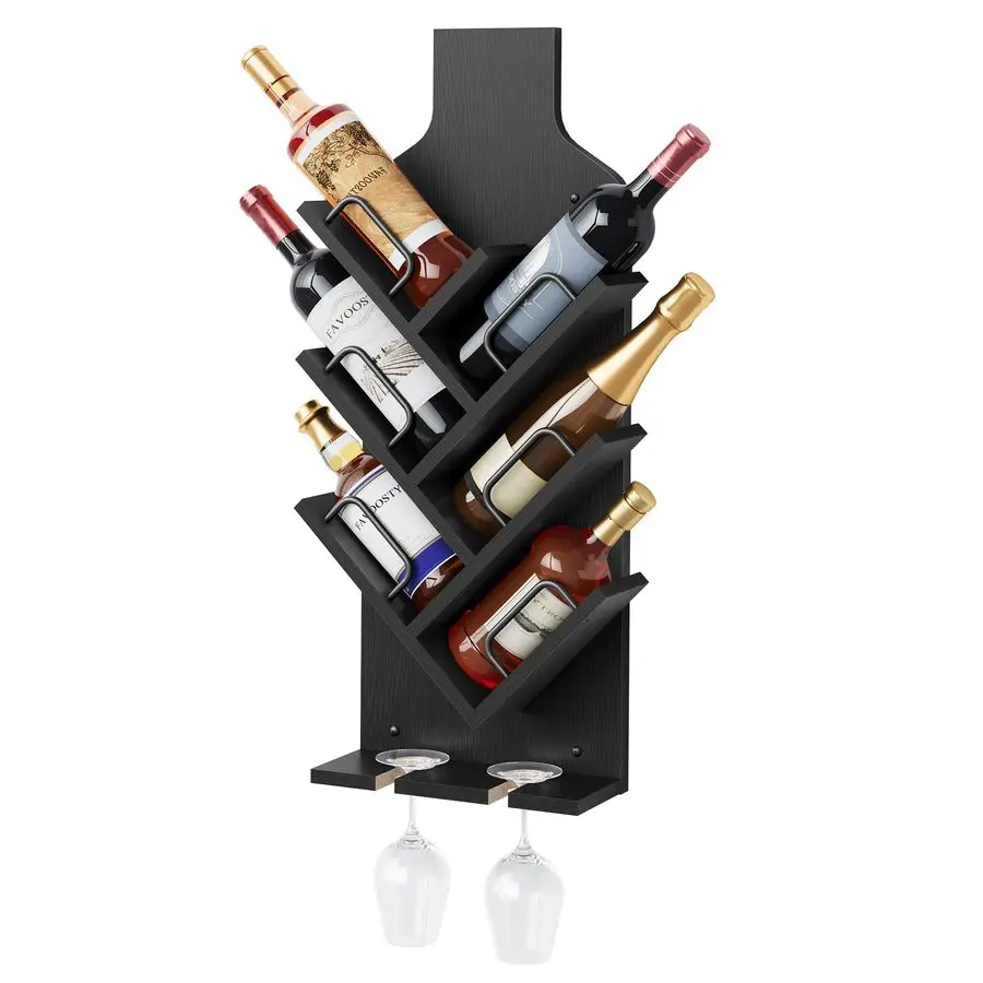 

Wine Rack Wall Mounted for 6 Wine Bottles, Wall Racks for Wine Bottles Display and Storage with Glass Holder, Wood Wine Rack for