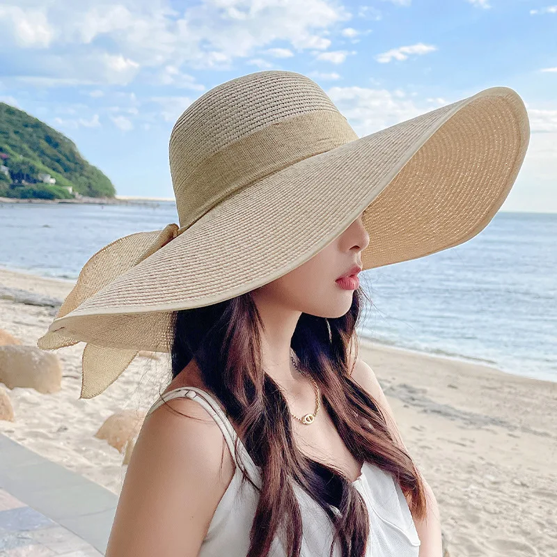 1 Stück Damen Strandhut mit Schleife, Übergroßer Strohhut, Sommer-Sonnenschutzhut mit Breiter Krempe, Geeignet für Sonnenschutz