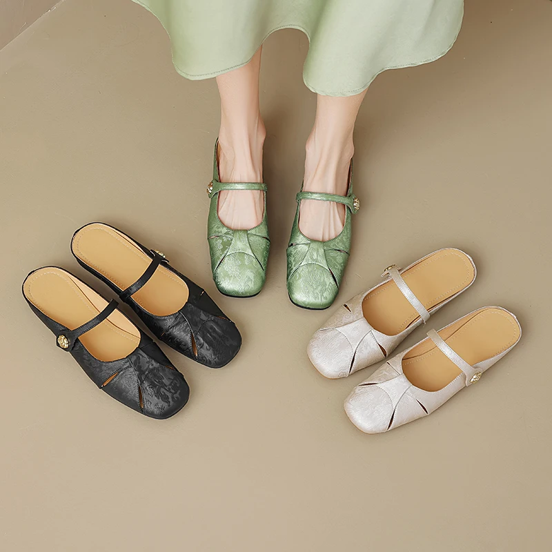 2026 new summer women sandals natural leather 22-25cm cowhide+sheepskin+pigskin square toe hollow buckle mules women slippers