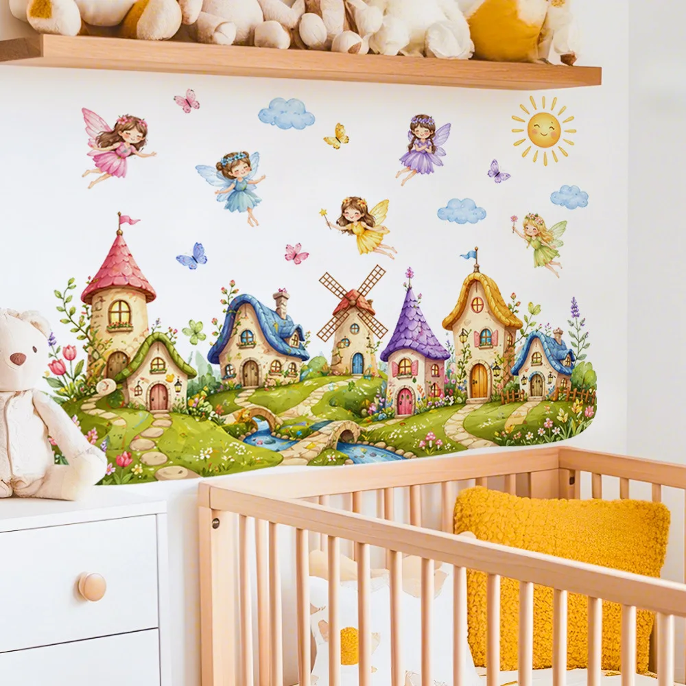 Fairy Tale Village Castle Wall Decals Cute Flying Fairies Butterflies Wall Stickers for Kids Nursery Baby Room Decor