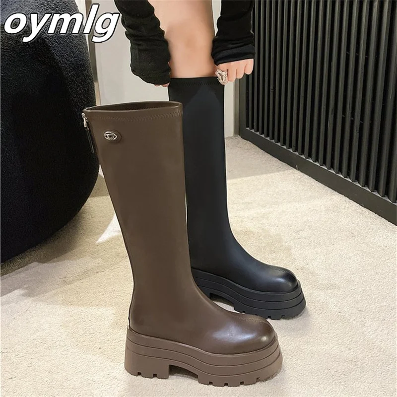 High Boot Women\'s 2023 Autumn/Winter New Fashion Round Head Thick Sole Knight Boot Back Zipper Slim Long Boot Women