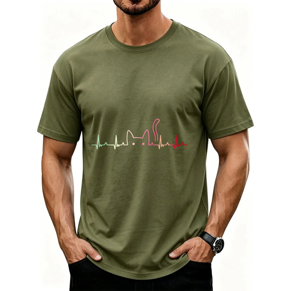 Cat Lover Heartbeat ECG Funny Cute Cat T-Shirt for Men Women Crew Neck Short Sleeve Fitted Olive Green Multicolored Outline