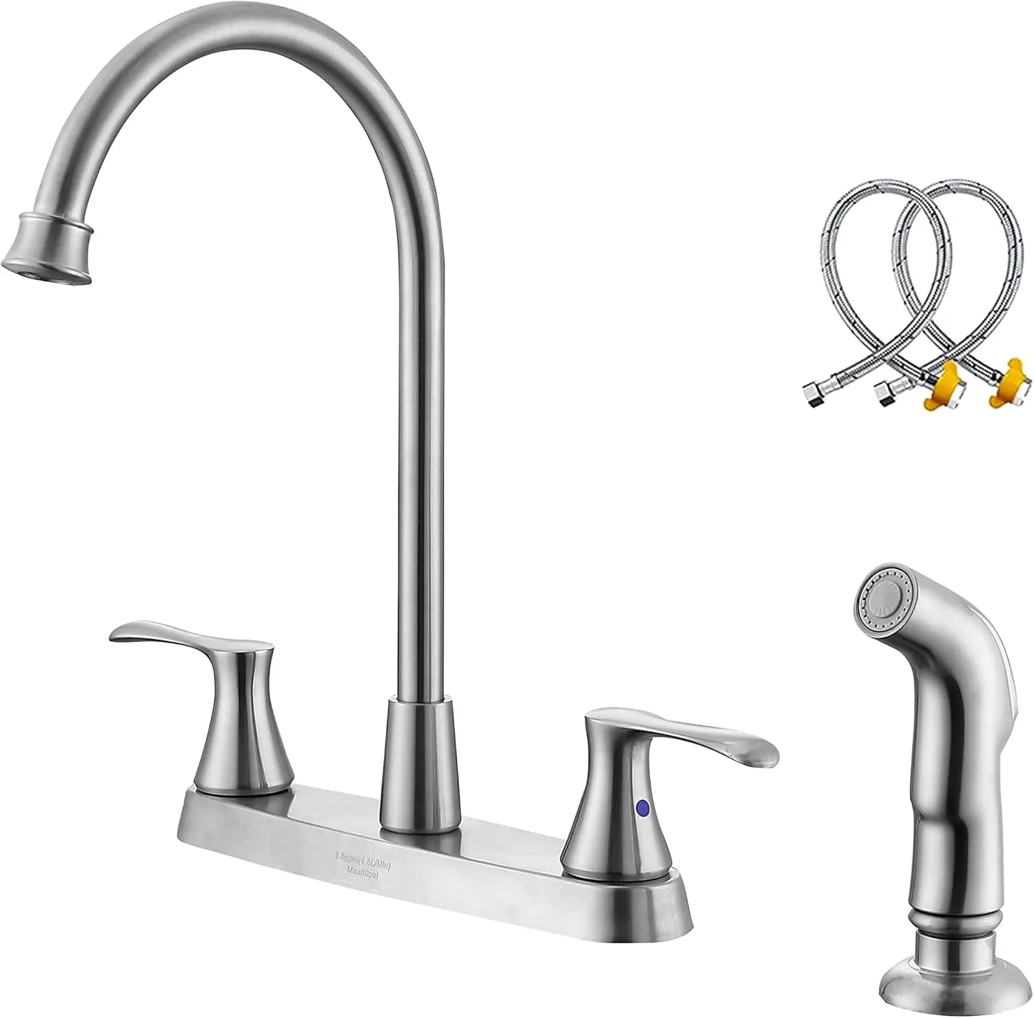 

Brushed Nickel Kitchen Faucet with Side Sprayer, 2-Handle Design for 4-Hole Sink