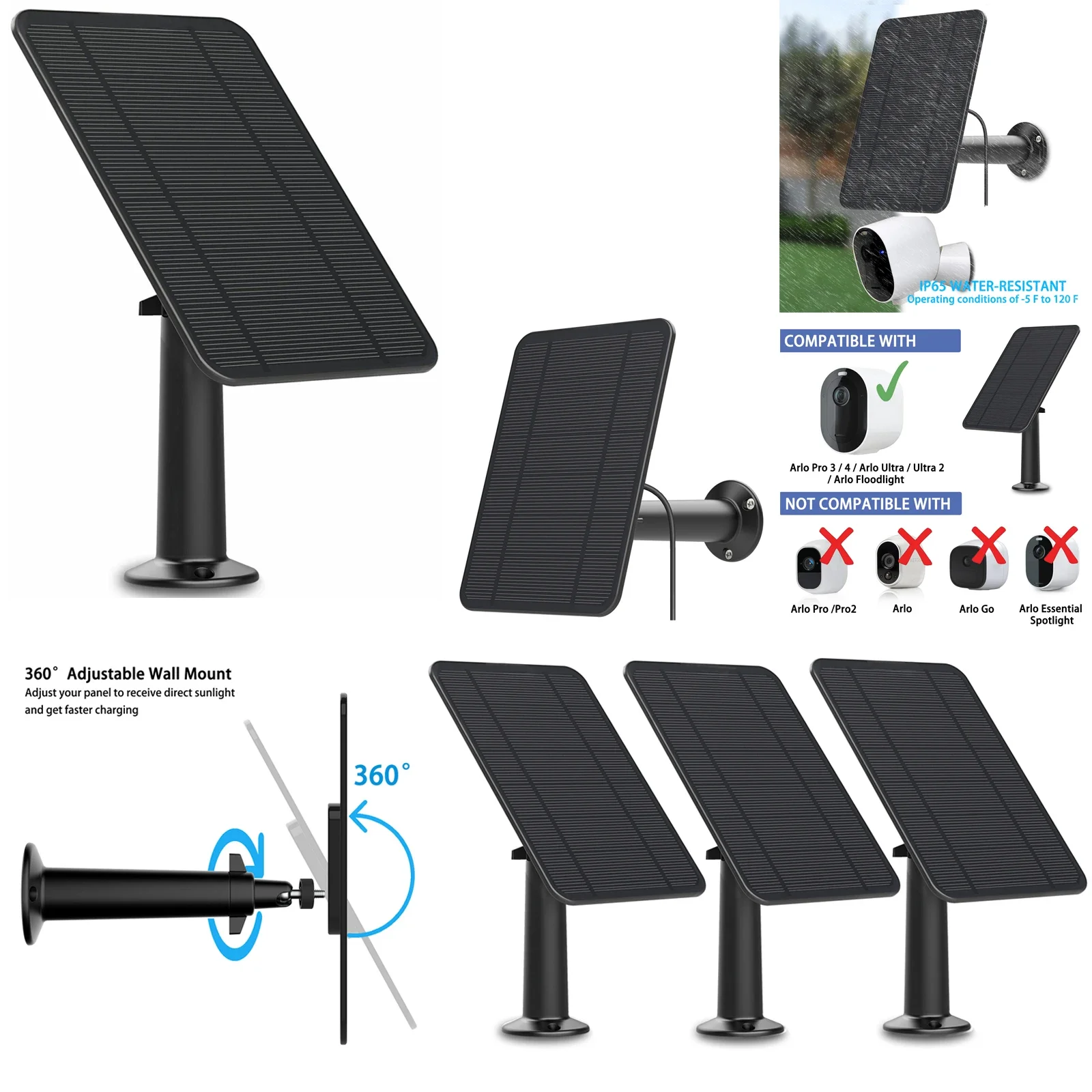 

4W Solar Panel for Arlo Pro 3/Pro 4/Arlo Ultra/Ultra 2/GO 2/PRO 5S ,Aluminum Alloy Bracket,13.1ft Power Cable(Black