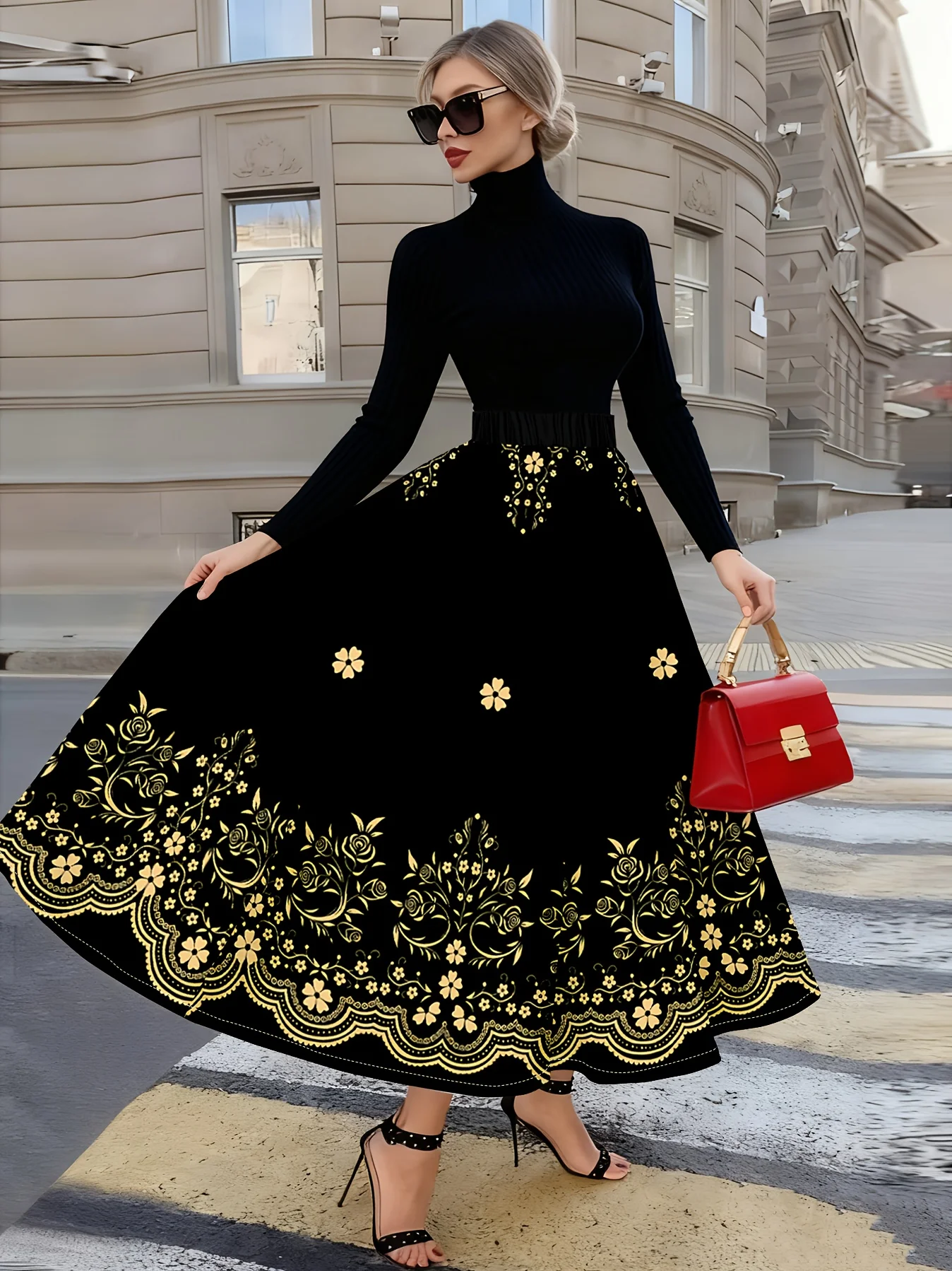 Women High Waist Maxi Skirt Golden Floral Print A‑Line Swing Long Skirt Elegant Party Holiday Casual Flowy Ladies Skater Bottoms
