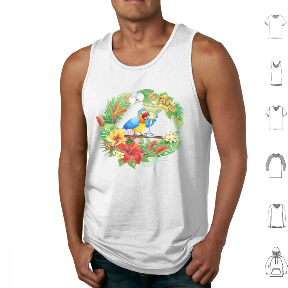 Parrot With A Margarita Tank Tops Print Cotton Parrothead Buffett Shark Tropical Volcano Parrot Margaritaville Beach