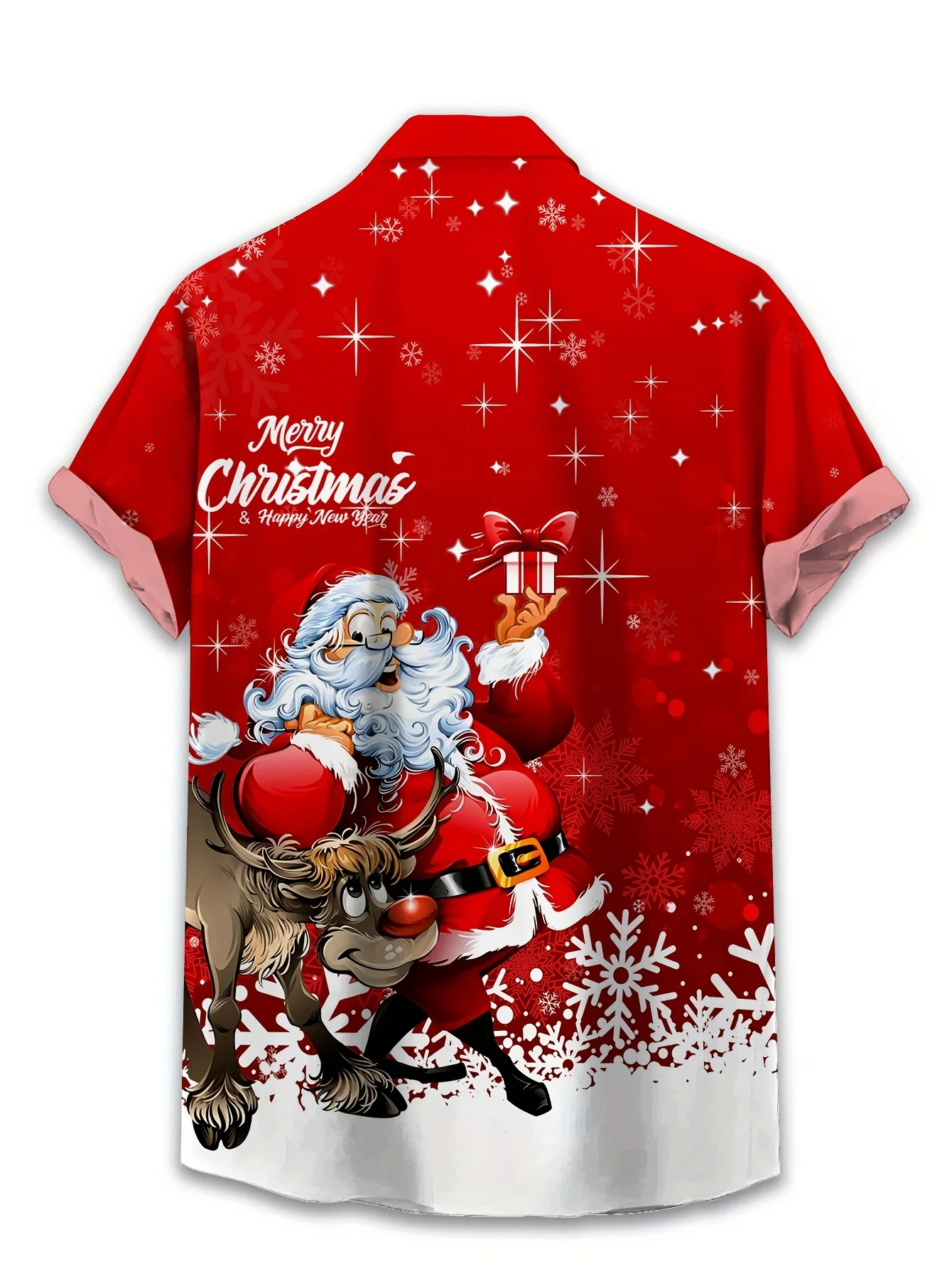 Trendy Men Button‑Up Shirt Red Cartoon Santa Elk Snowflakes Festival Art Print Polyester Christmas Party Casual