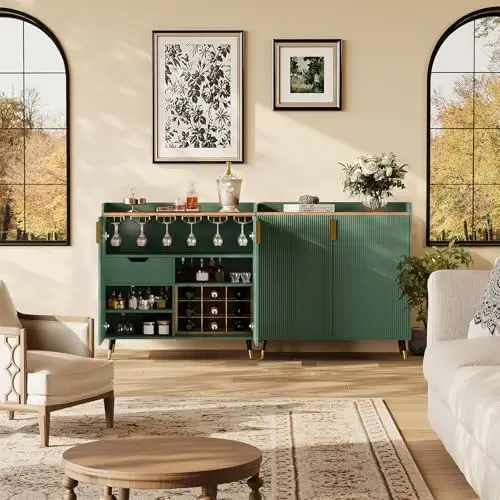 Modern Wine Bar Cabinet, Liquor Cabinet with Fluted Doors, Coffee Bar & Kitchen Sideboard Buffet Cabinet with Wine Rack
