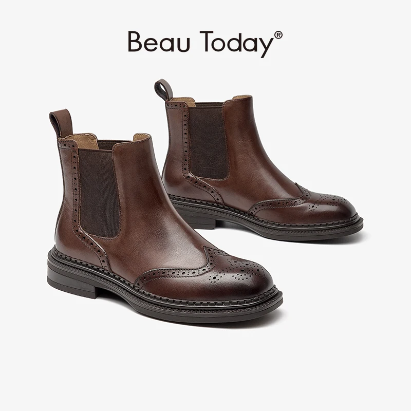 BEAUTODAY Women Chelsea Boots Genuine Calfskin Leather Round Toe with Brogue Pattern Elastic Band Ladies Shoes Handmade 03077