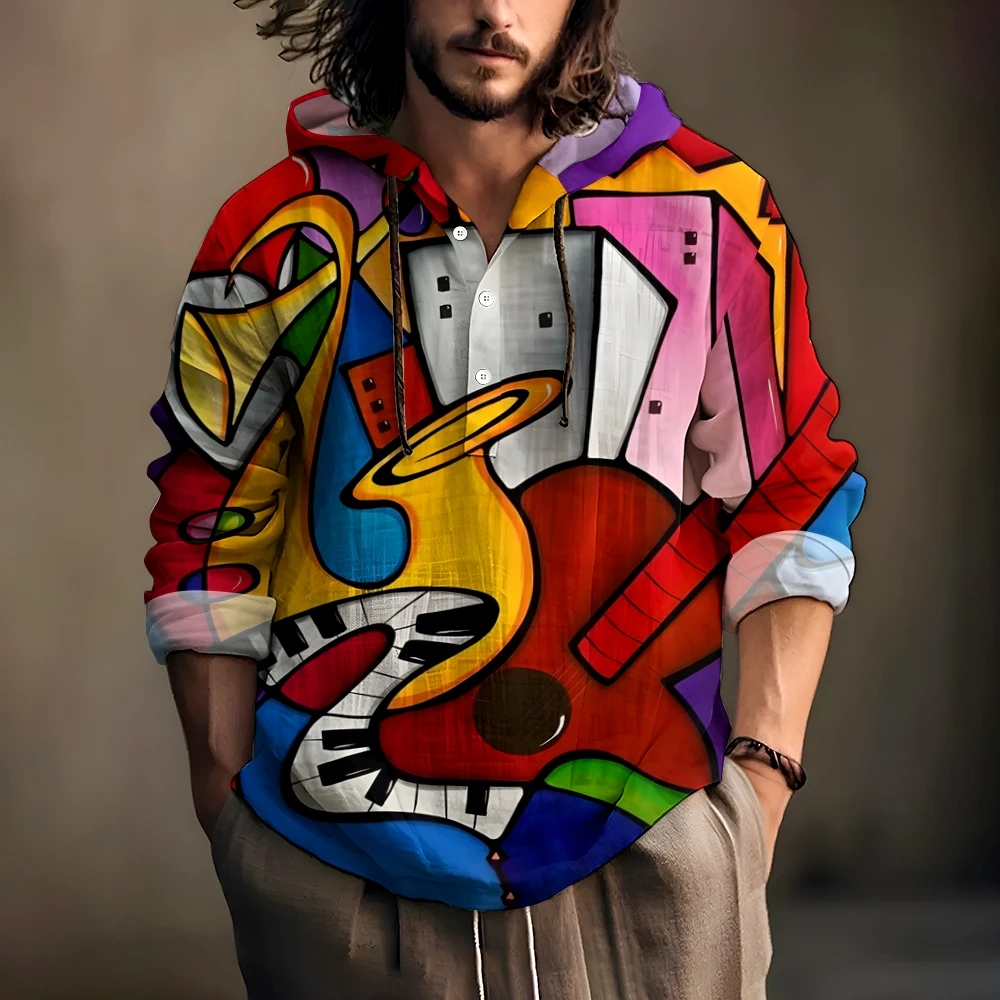 Men's Pullover Shirt Linen Fashion Casual Bamboo Hawaiian Style Printed Shirt Mens Top Long Sleeve Spring/Autumn Hooded Pullover