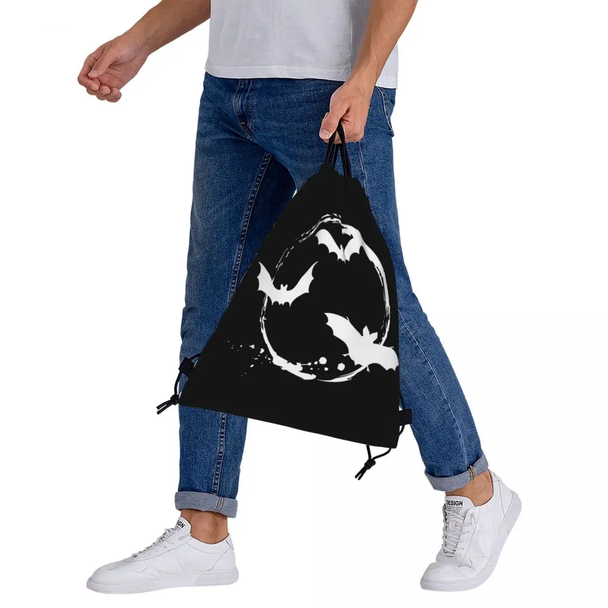 Sacs à dos de chauves-souris d'Halloween avec lune blanche, sacs de proximité Wstring, sac de rangement de poche Bundle, sacs de livre pour l'école de voyage