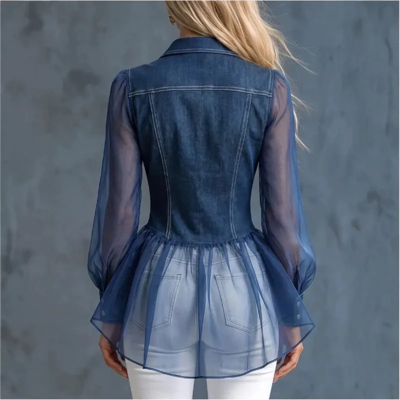 New Womens Blouses Spring Fall Casual Loose Imitation Denim Patchwork Top Lapel Long Sleeves Blue Shirt For Women Office Clothes view 2