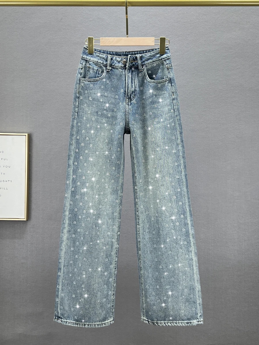 

High Waist Wide Leg Jeans Women's Trendy Spring New Loose Slimming Long Pants Diamond Stam Denim Pants Adult Spring Wear