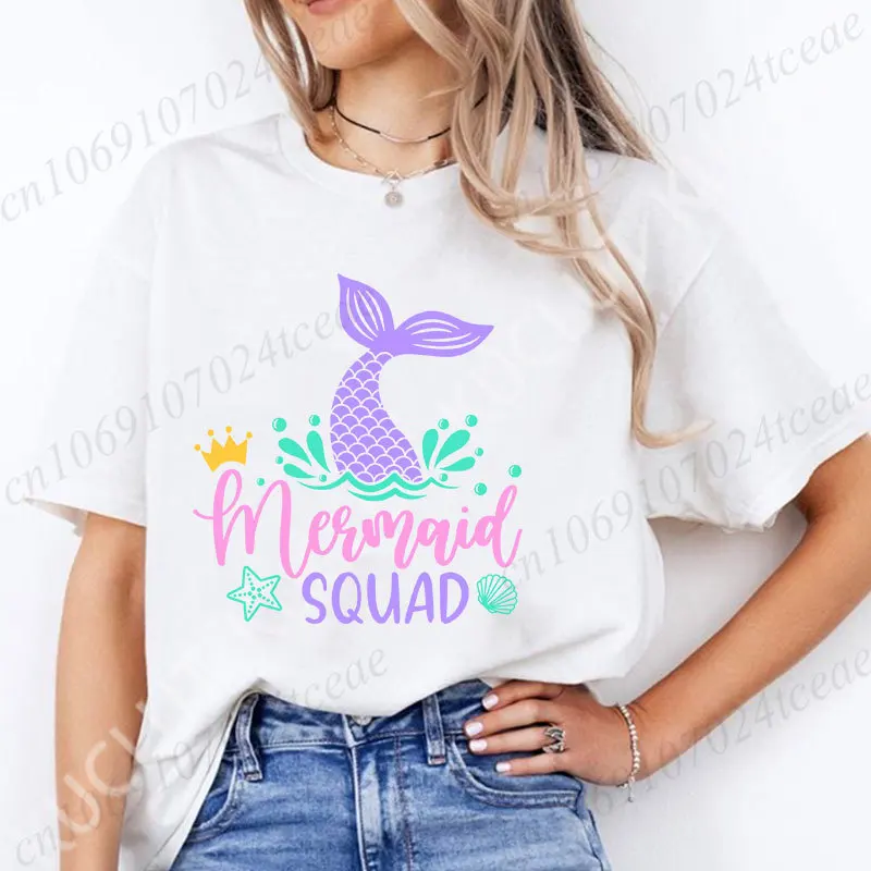Mermaid Squad Print Female T-Shirts Short Sleeve Tee Clothing Mermaid Girls Birthday Party Women Tops Birthday Squad Female Tops