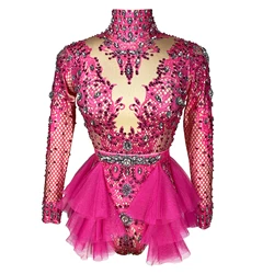 sexy pink rhinestones bodysuit stage outfit long sleeve sexy lace club party birthday leotard pole dance team drag queen costume