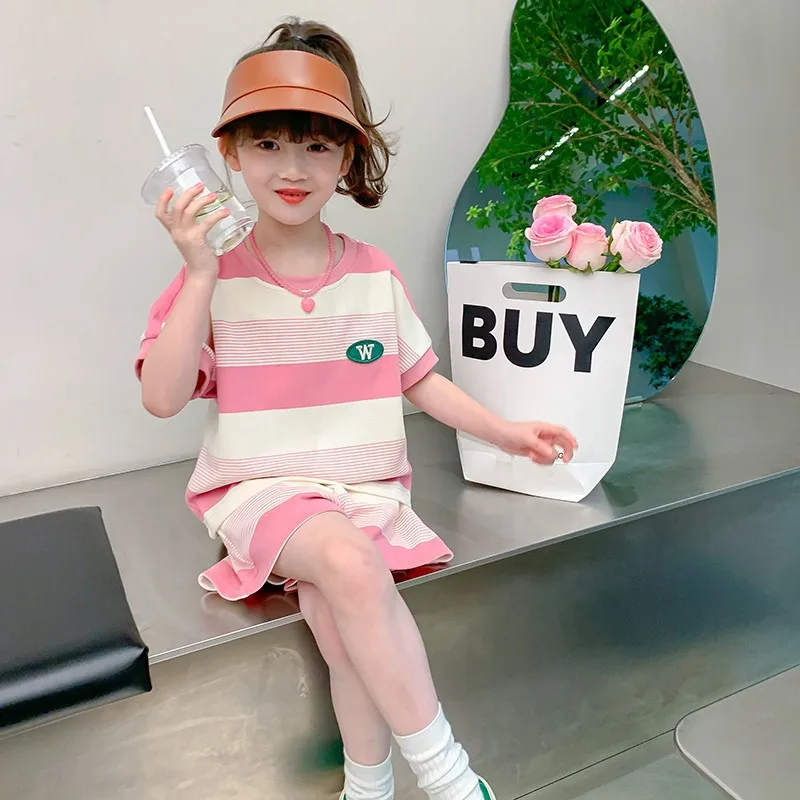 Summer Girls Cotton Contrast Stripes Alphabe T-Shirt Tops+Shorts Pant School Kids Tracksuit Child 2PCS Outfit Workout Set  987