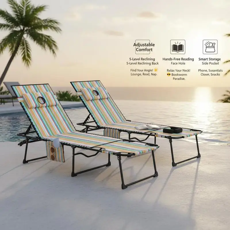 2 Piece Folding Chaise Lounge Pool Chairs with 5-level Reclining Back, Reading Hole, Side Pocket, Rainbow Striped view 4