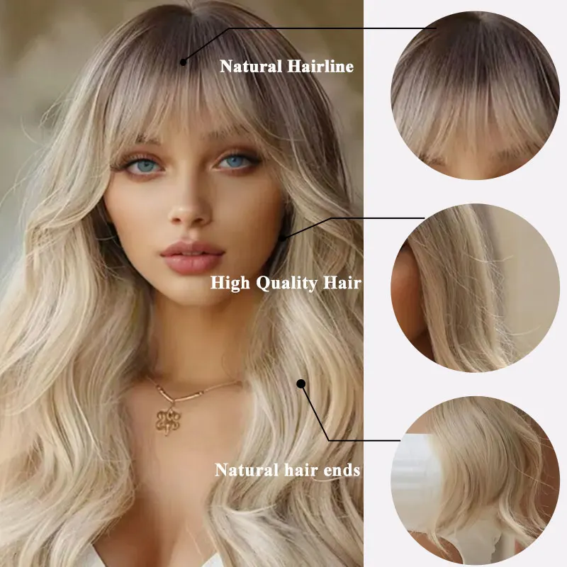 Synthetic hair Blonde Long Curly Wavy Wig With Bangs Wigs For Women  Light Brown Natural With Dark Roots For Daily Party