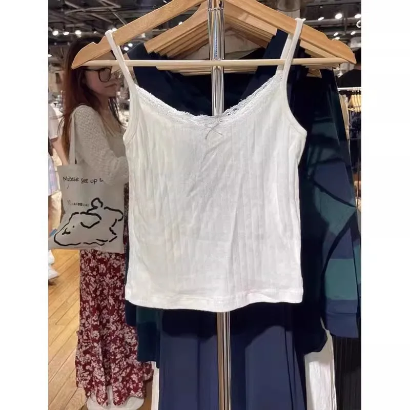 

Новый женский облегающий топ из чистого хлопка с кружевными бретелями-узлами, для повседневной носки, модный, цельный.