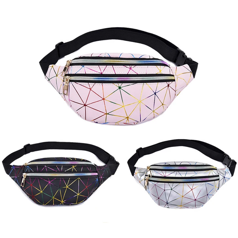 Casual Sport Waist Bag Women's Crossbody Geometric Pattern PU Laser Bag Fashionable Popular Ladies Mobile Phone Change