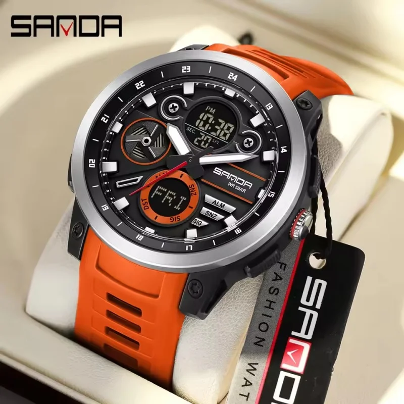 SANDA 3379 ساعة إلكترونية للرجال للترفيه والأزياء شاشة مزدوجة رياضية مقاومة للماء ضوء ليلي ساعة إلكترونية إبداعية للرجال