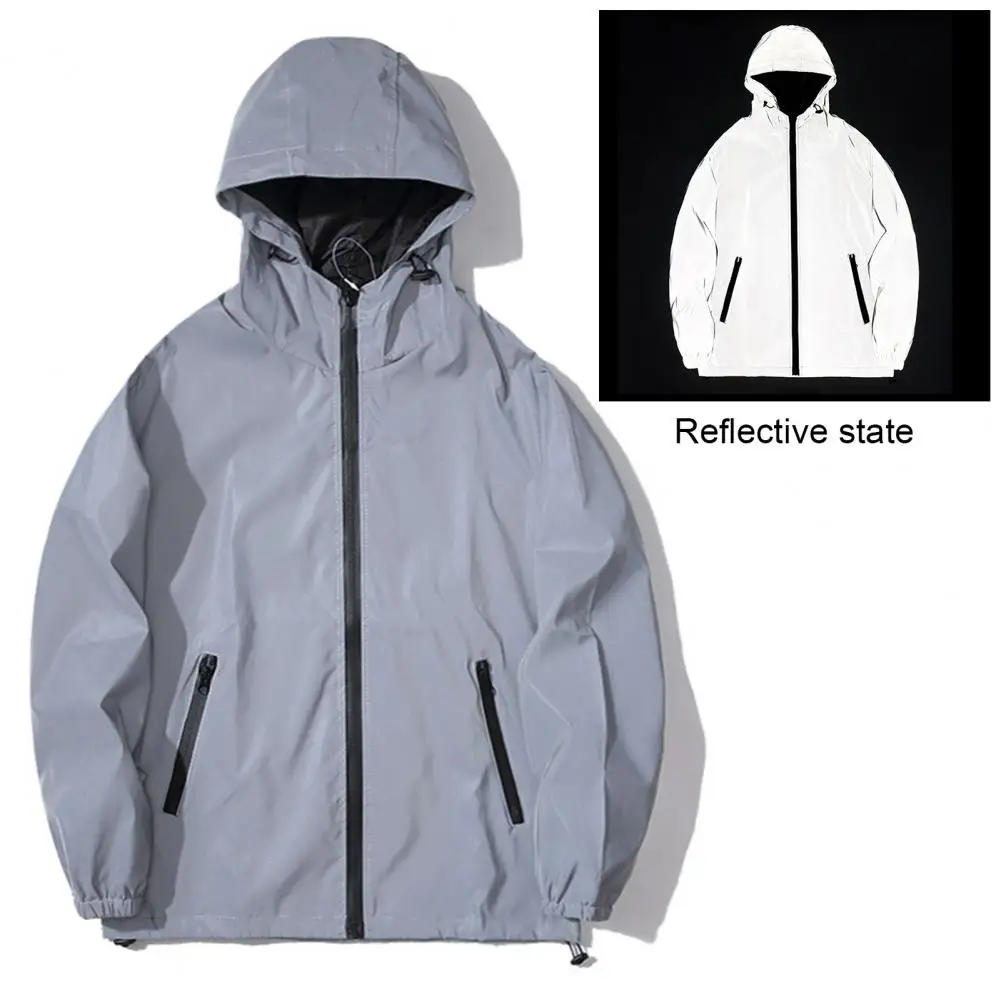 Hiking Running Coat Reflective Hooded Jacket for Men with Windproof Design Zipper Closure Double Pocket Ideal for Climbing