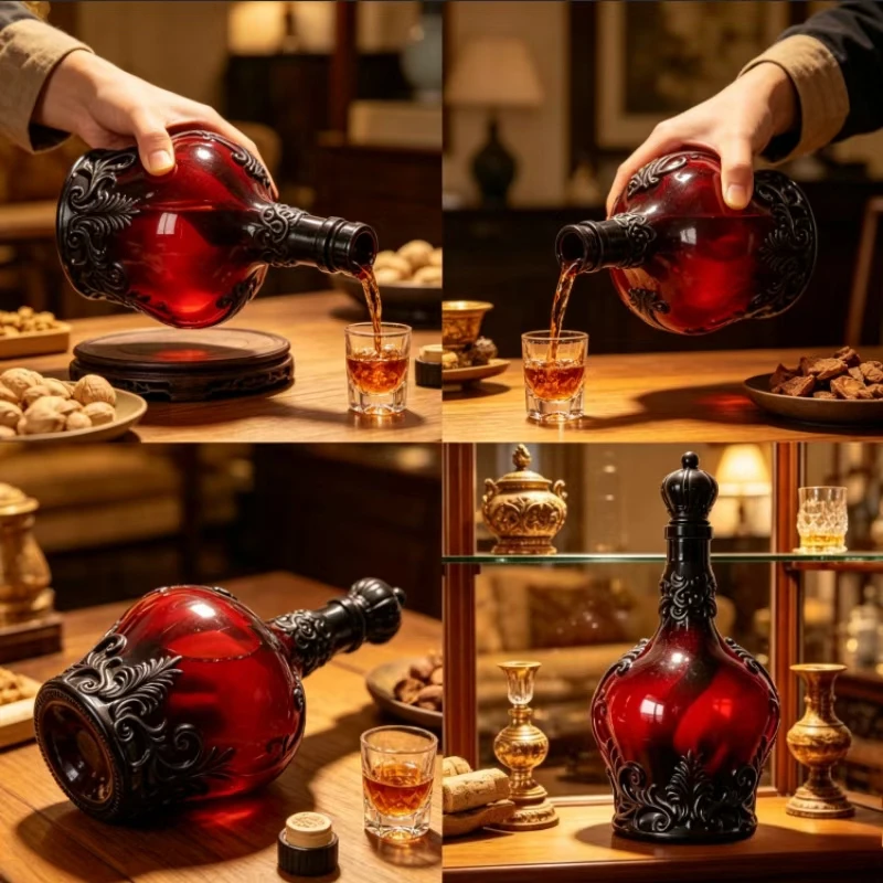Vintage Crown Embossed Glass Whiskey Decanter Gothic Red/Black Ornate Bar Home Decor Special Occasion Gift Liquor Bottle