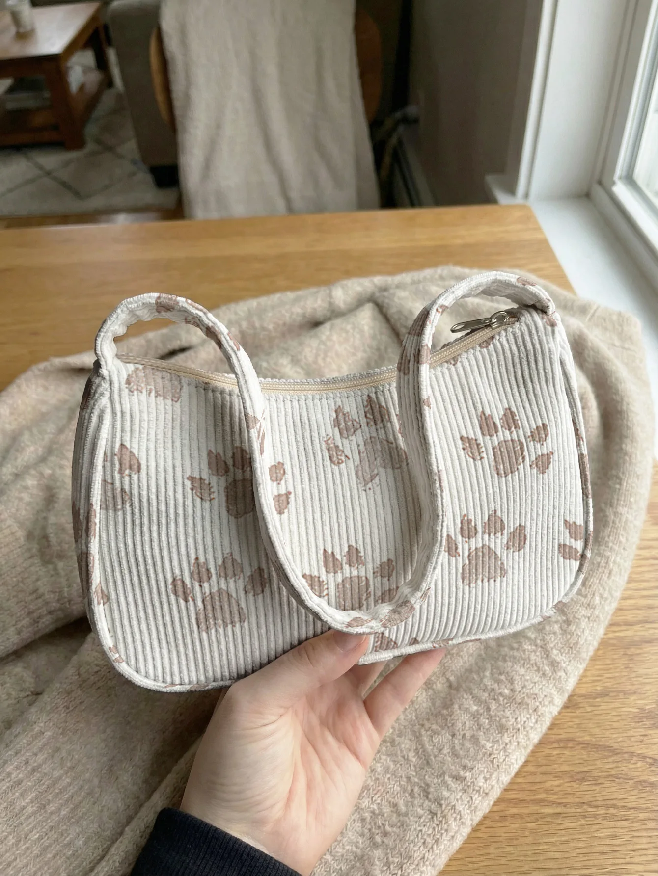 Light Brown Paw Print Shoulder Bag, Corduroy Underarm Bag For Daily Casual Use - view 2