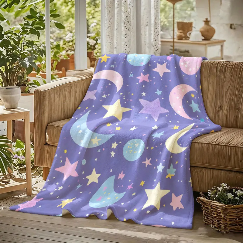 Lavender Moon Star Sky Flannel Blanket Warm Soft Halloween Christmas Decorative Couch Warm Cozy All-Season Gift