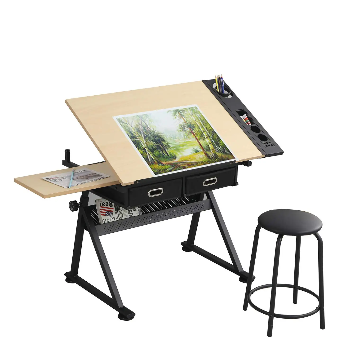 Height Adjustable Drawing Desk with Tiltable Top, Stool & 2 Storage Drawers for Reading, Custom