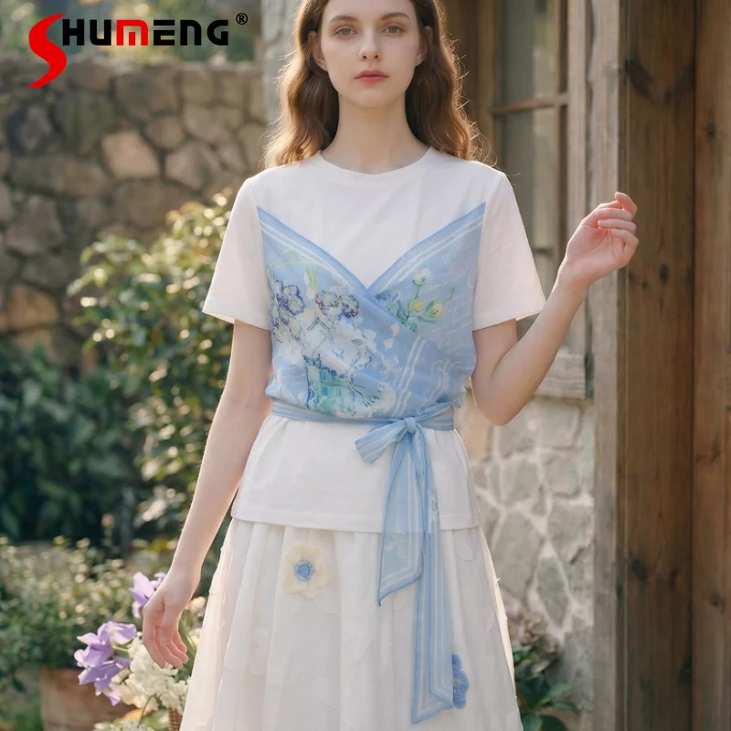 

Women's 2026 Summer New Straps Printed Tops Splicing Faux Two T-shirts Women's Fashion Fresh Short Sleeve Color Matching Tees