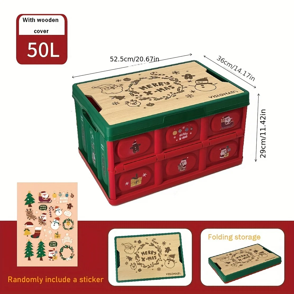 50л Рождественский ящик для хранения Фестиваль Детские игрушки Закуски Подарочная коробка Складная автомобильная коробка Открытый кемпинг Подарочная коробка