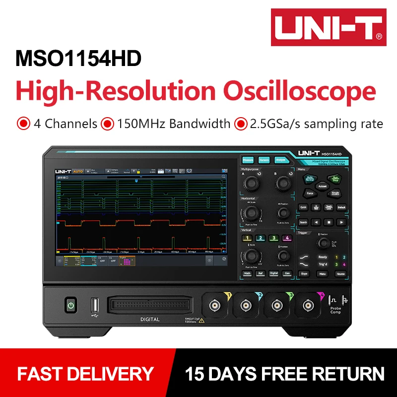 UNI-T High-Resolution Oscilloscope MSO1154HD 4 Channels 12-bit ADC Samp Portable Oscilloscope Function Waveform Generator
