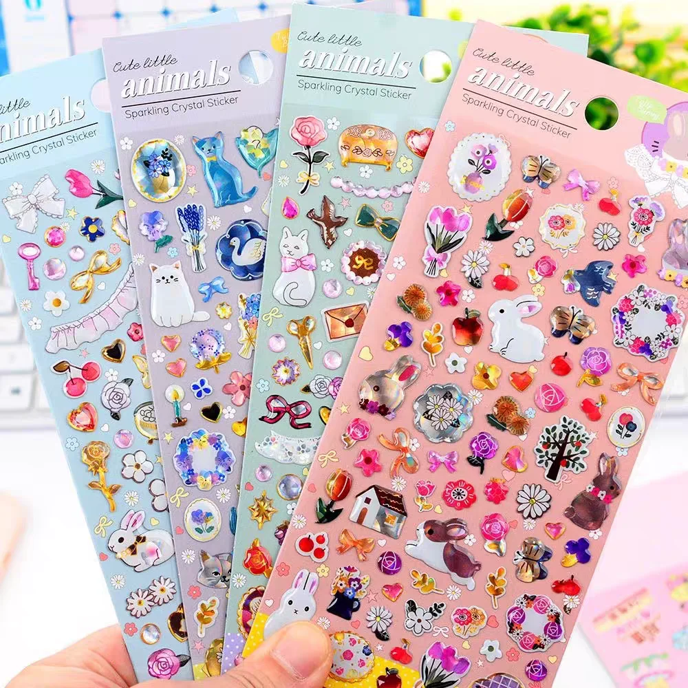 4 pcs Cute Animals Cats Rabbit Forest Crystal Stickers Drop 3D Scrapbooking Diy Journal Stationery Sticker Decor School Gift