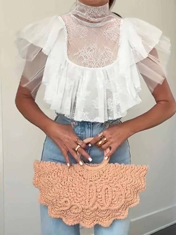 Elegant Lady Pure Color Flying Sleeve Tops Sexy Mesh See-through Commute Women Vest Fashion Turtleneck Lace Hollow Out Crop Tops