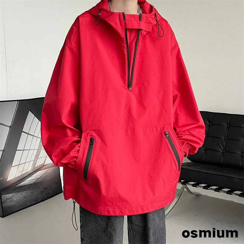 

Boys Spring White Hooded Jacket Oversize Men Long Sleeve Loose Pullover Coat Male Outerdoor Hiking Travel Waterproof Jackets