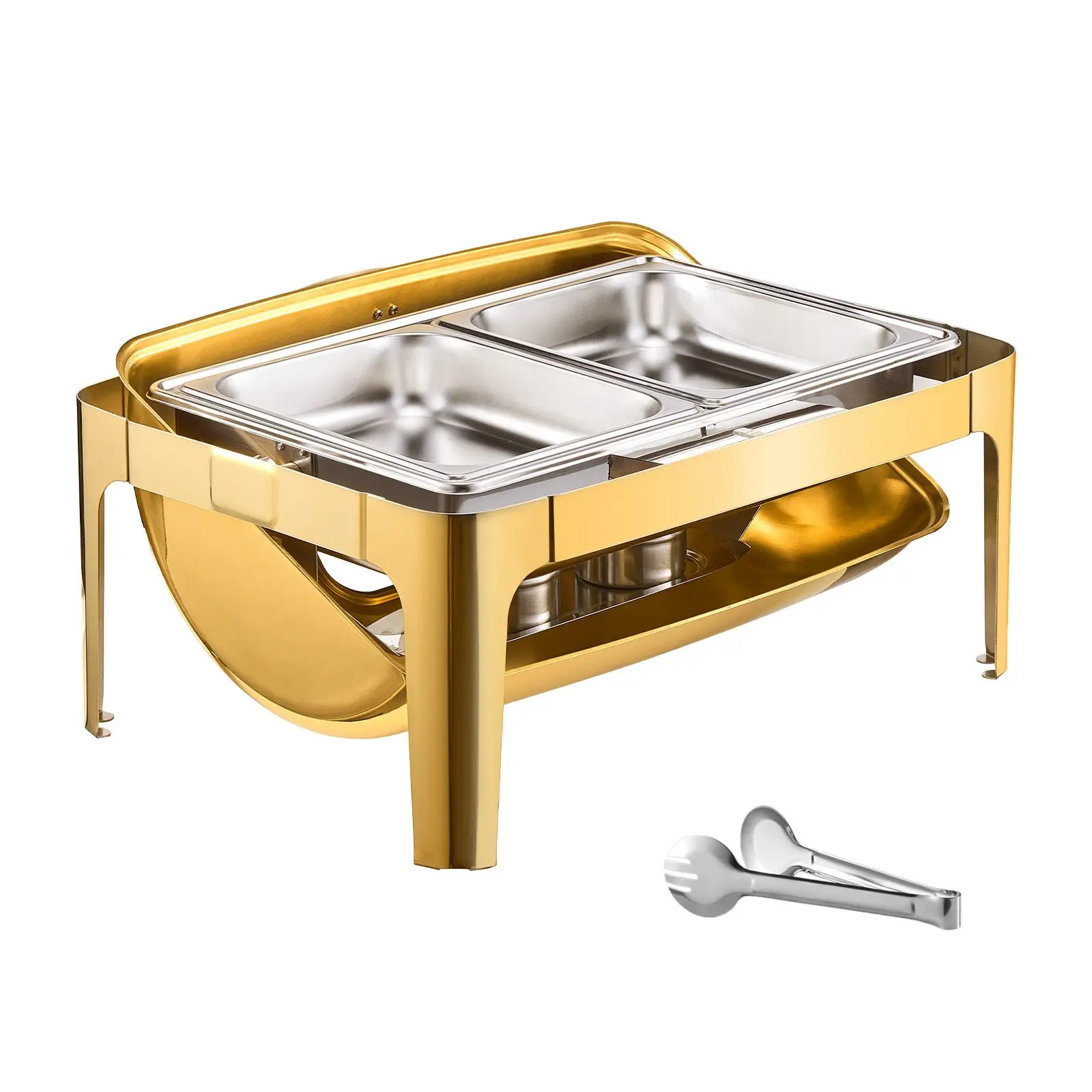 Roll Top Chafing Dish Buffet Complete Set, 9Qt Stainless Steel Chafer with Full Size Pan, Rectangle Catering Warmer Server