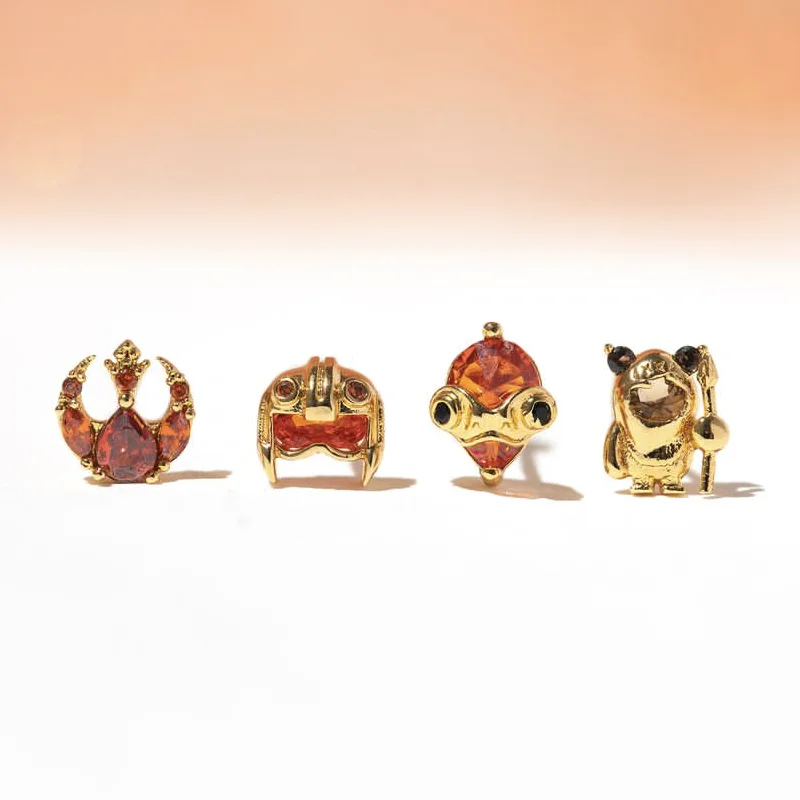 MIGGA 4 Uds. Conjunto de pendientes de tuerca de guerrero espacial de película chapado en Color dorado circonita cúbica roja joyería para mujeres y niñas