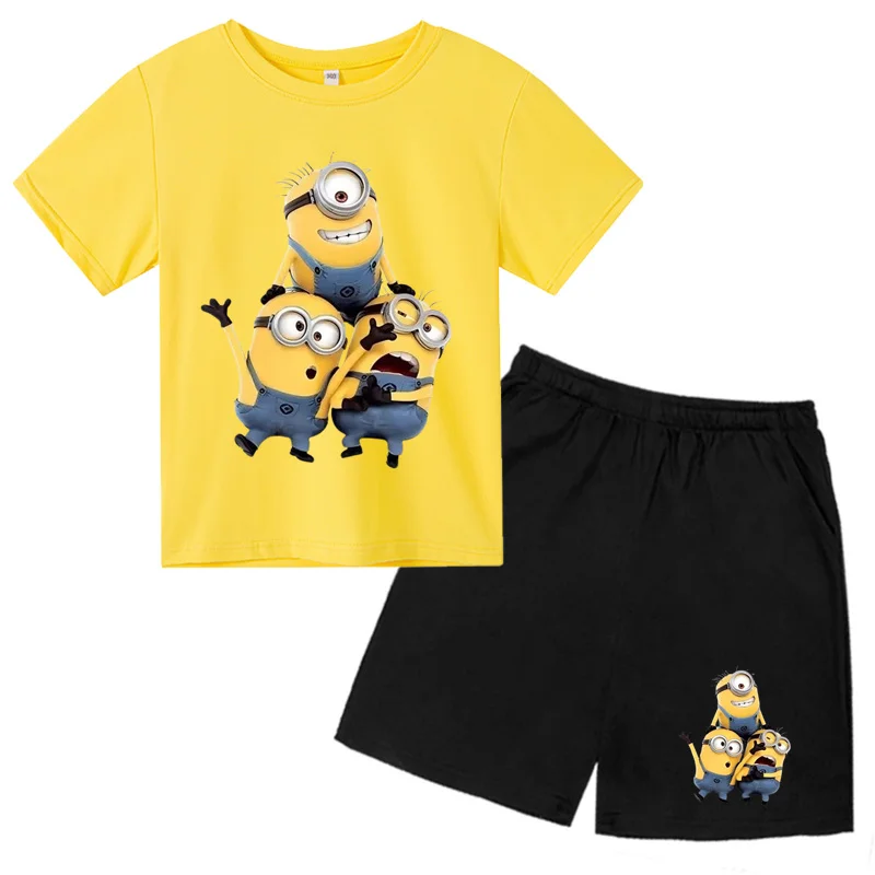 Kids T-shirt 2-piece set for boys and girls aged 2-12, casual outdoor sports short sleeved+shorts printed anime Minions