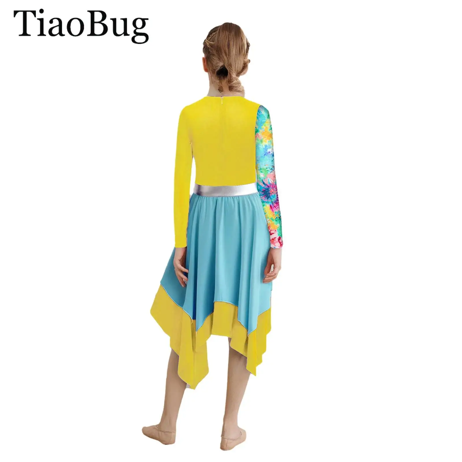 

Girls Lyrical Contemporary Dance Costume Long Sleeve Metallic Printed Liturgical Worship Praise Dance Dress Ballet Performance