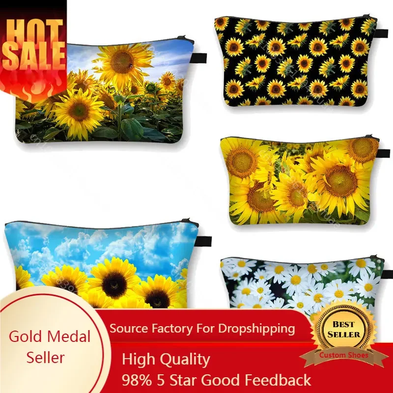 

Cute Yellow Sunflowers Print Cosmetic Bag Waterproof MakeUp Bag Daisy flower Cosmetic Case Girls Travel Make Up Bags Gift