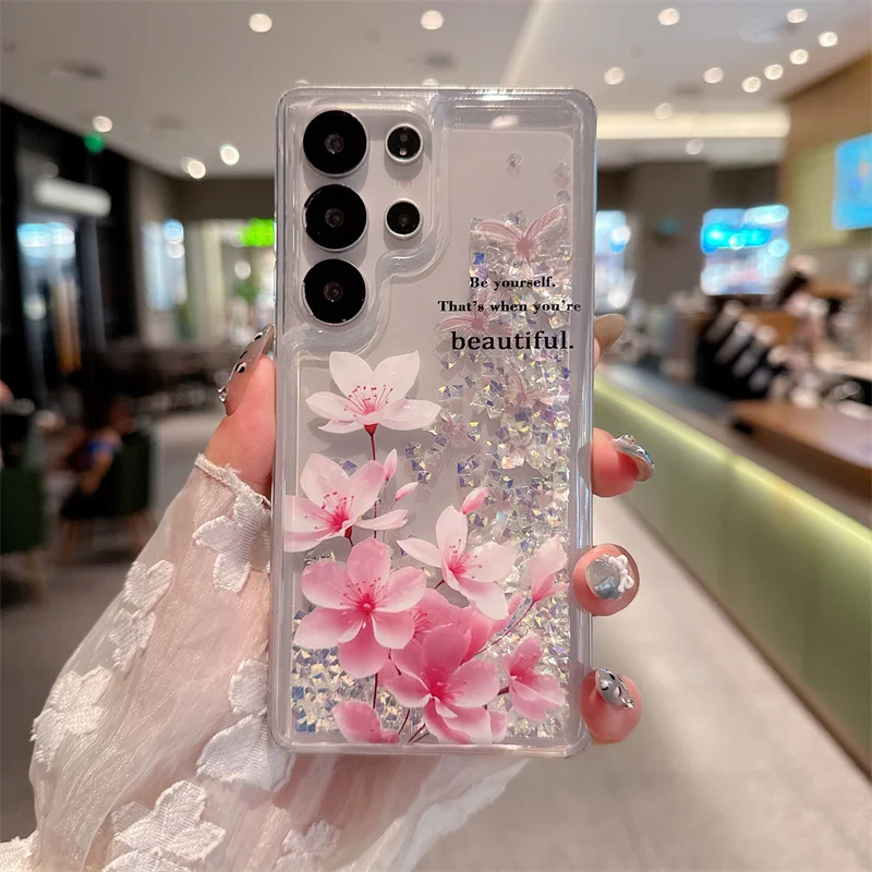 Glitter Rhinestone Quicksand Case for Samsung S23 S24 S25 S26 Ultra Flower Silicone Clear Moving Sand Cover Dynamic Liquid Shell