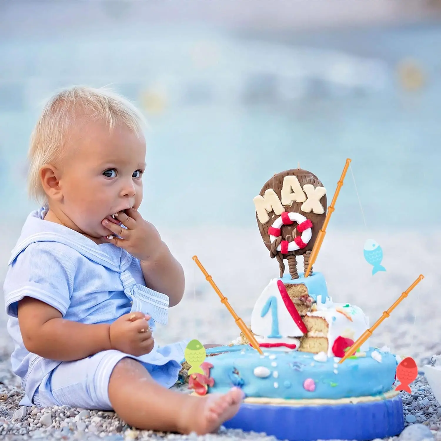 14 Stück Fischer-Themen-Dekor zum Angeln, Kuchenaufsatz mit Angelsilhouette, Angelausrüstung, Seegras für den Ruhestand, Partyzubehör – Detail 9