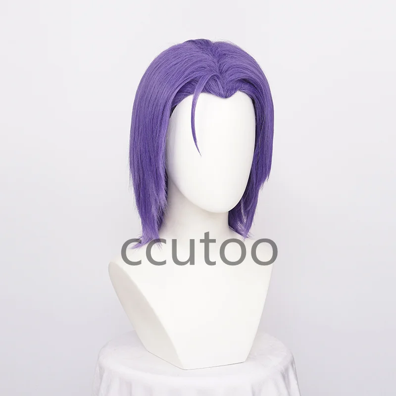 Ccutoo Wig sintetis tim Rocket James, Wig Cosplay ungu pendek, rambut palsu pesta tahan panas + topi Wig